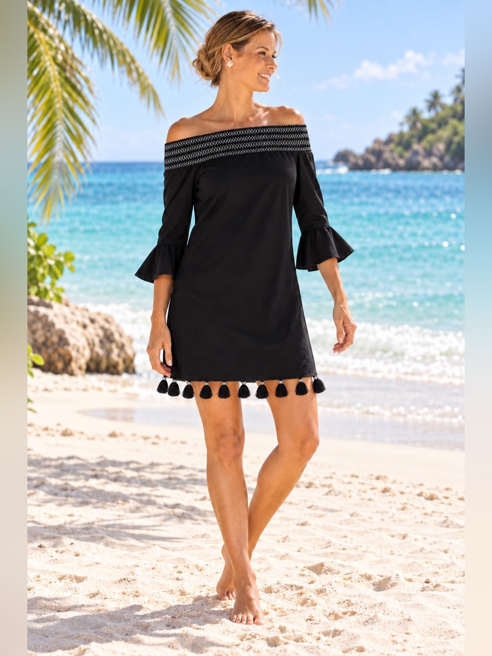 CABANA LIFE Black Off Shoulder Silver Detail Bell Sleeve Tassel Hem Dress XS